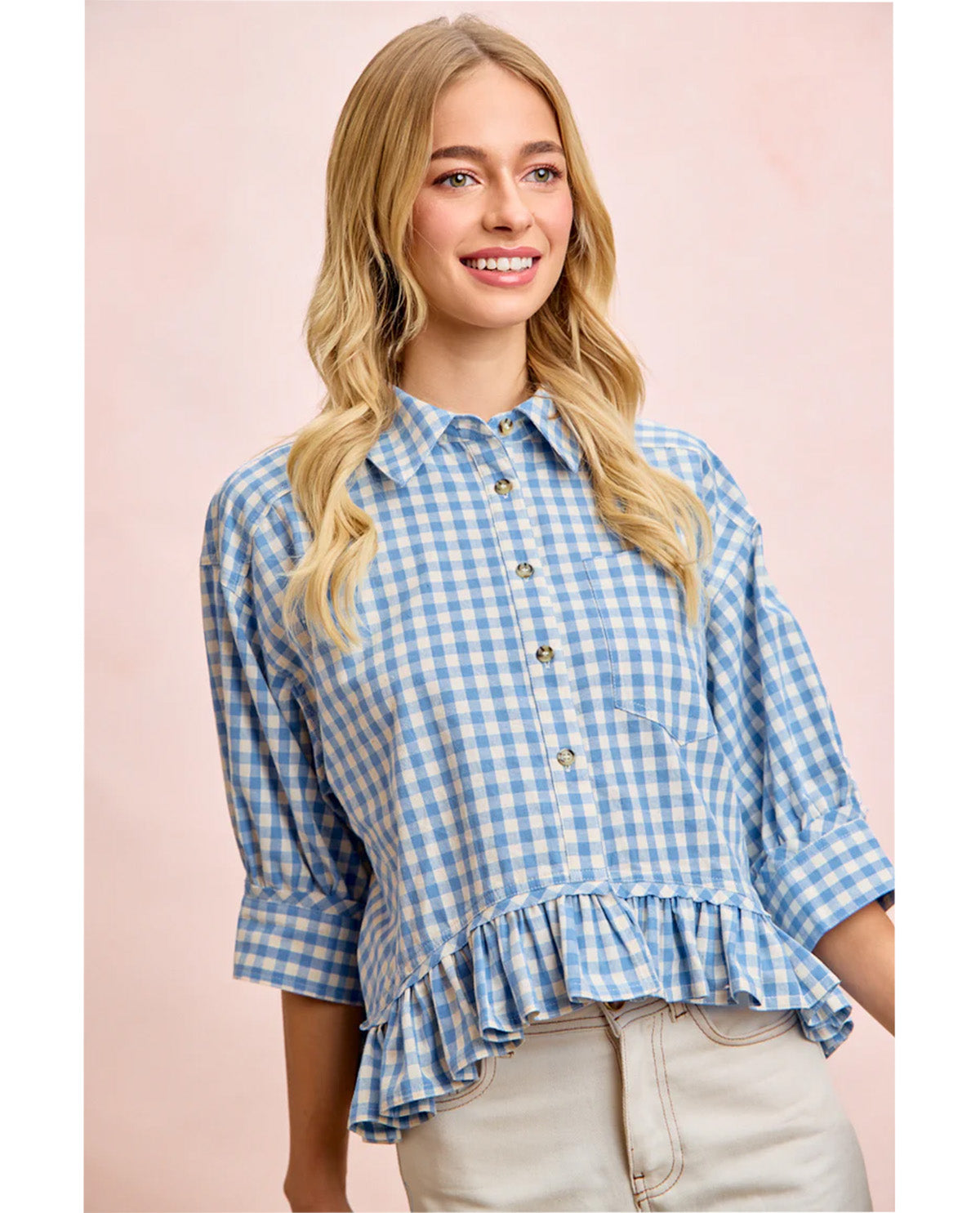 Bibi Gingham Check Ruffle Hem Top Blue