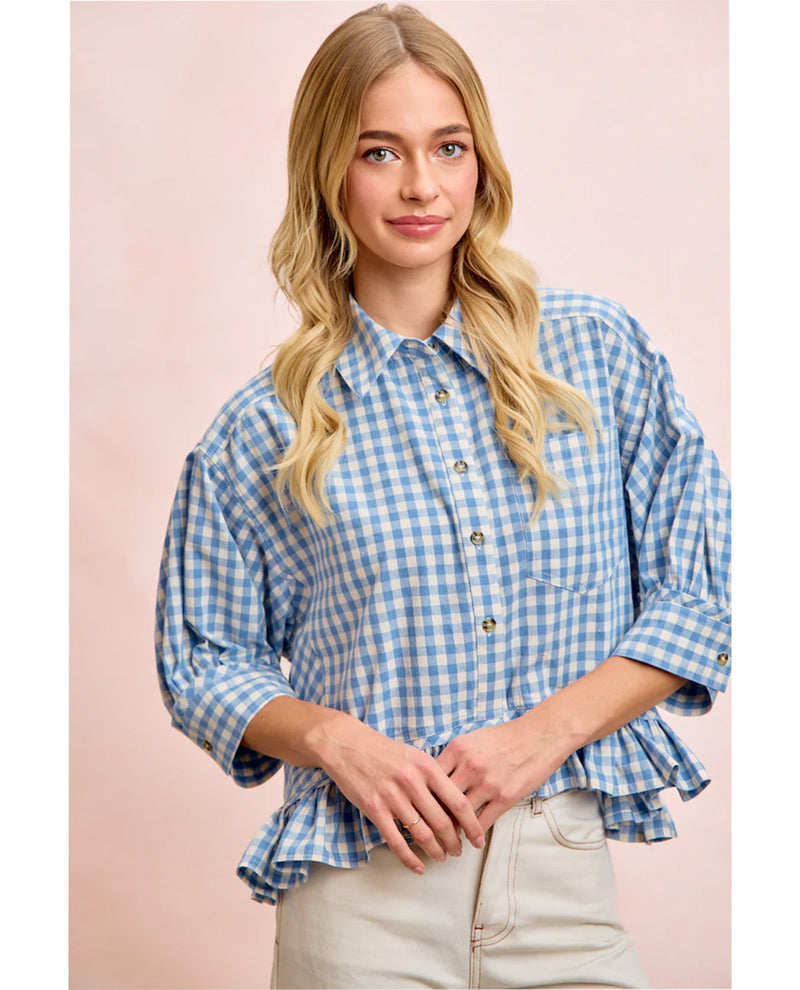 Bibi Gingham Check Ruffle Hem Top Blue