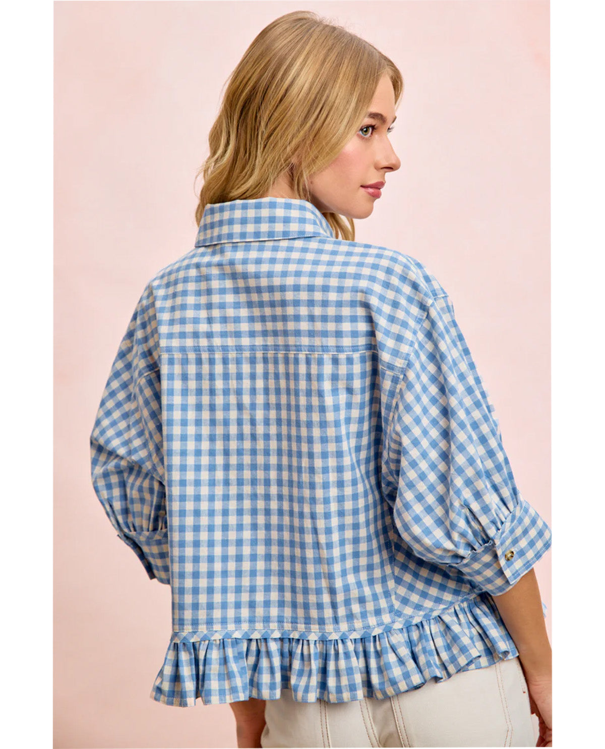Bibi Gingham Check Ruffle Hem Top Blue