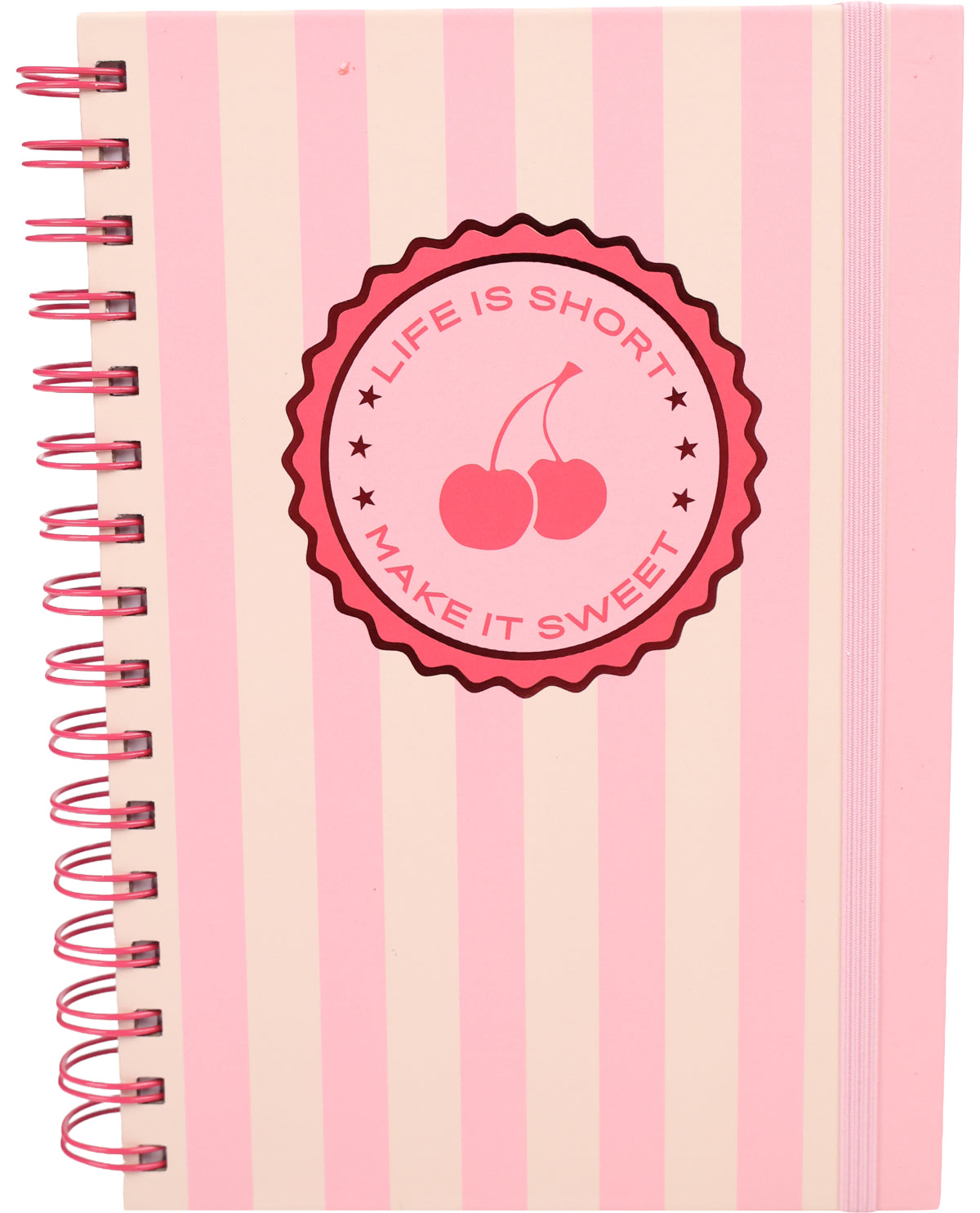 Notebook with pink and white striped cover and 'Life is Short, Make it Sweet' design.