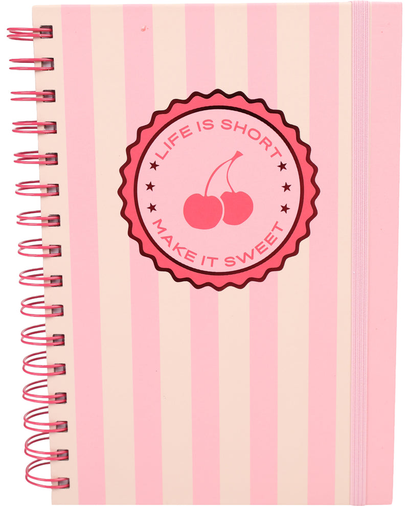 Notebook with pink and white striped cover and 'Life is Short, Make it Sweet' design.