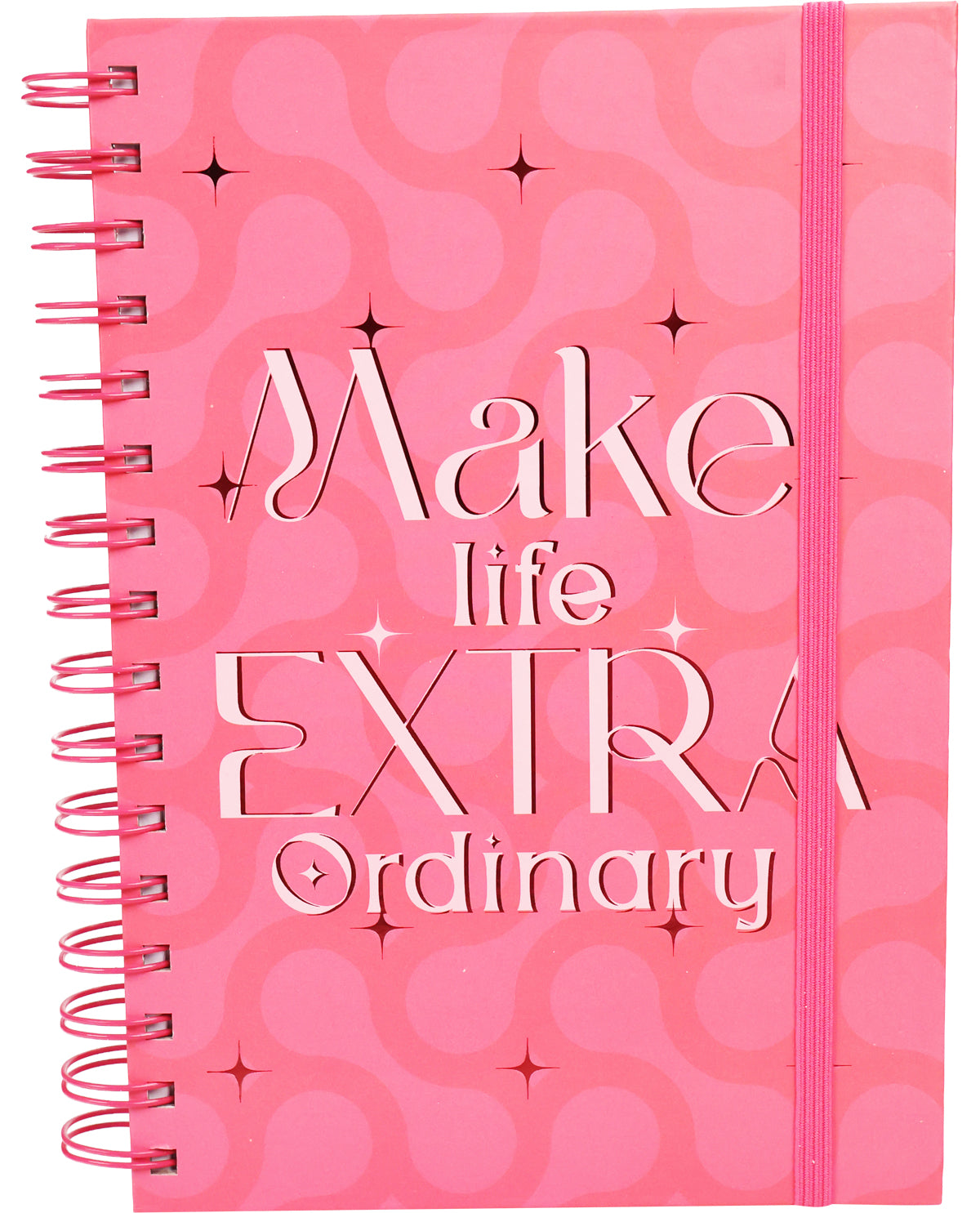 Pink notebook with 'Make life EXTRAordinary' text on a pink background