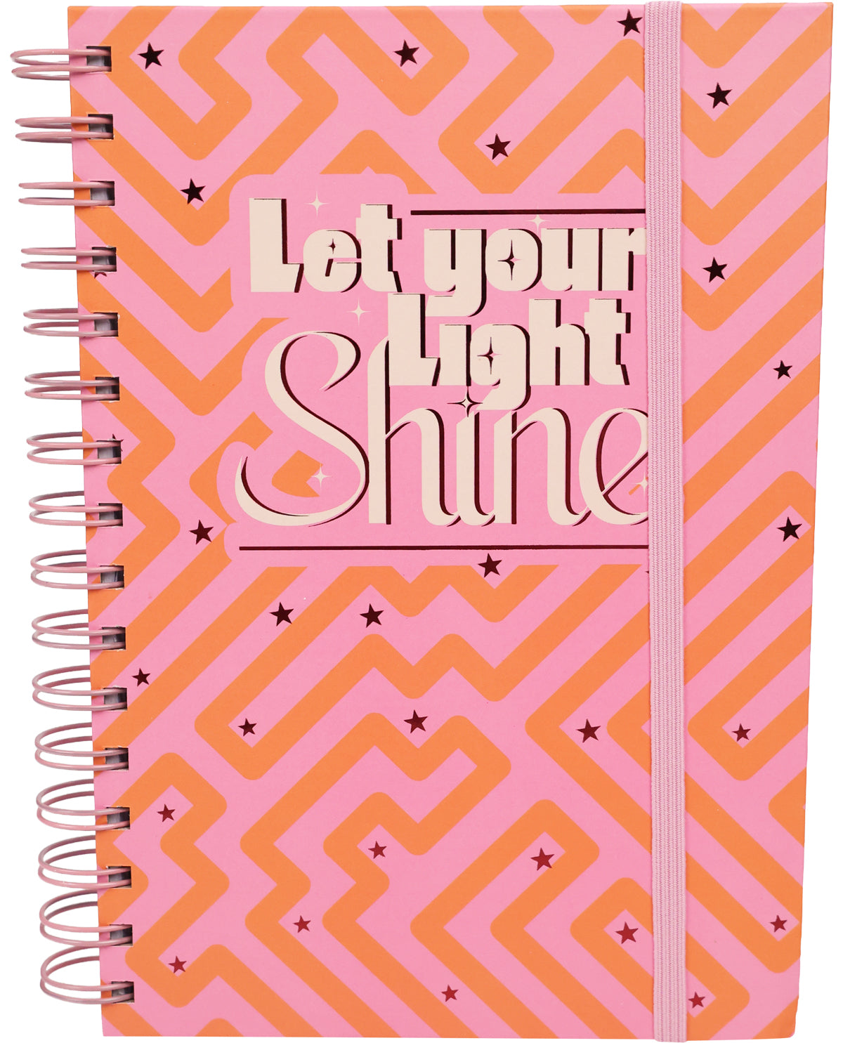 Notebook with pink and orange geometric pattern and 'Let your light shine' text