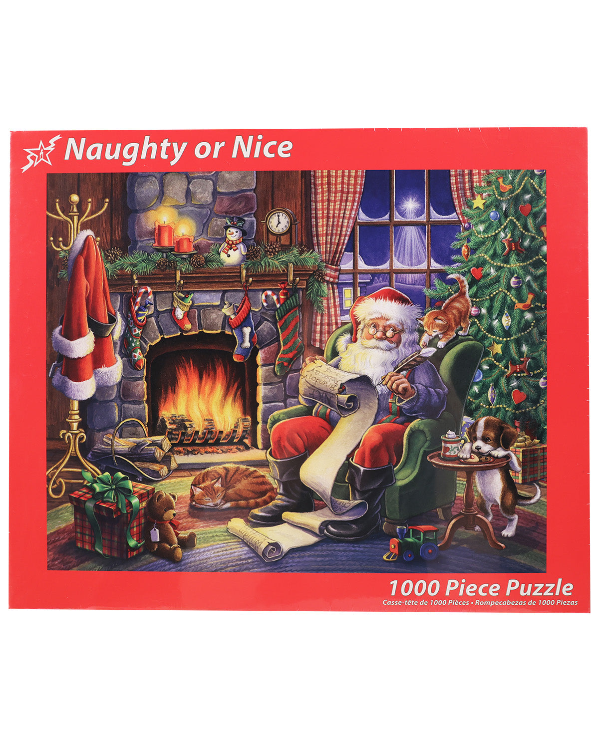 A 1000-piece jigsaw puzzle box titled 'Naughty or Nice' featuring a festive Christmas scene with Santa Claus sitting in a green armchair by a fireplace, with a cat on his shoulder and a dog at his side.