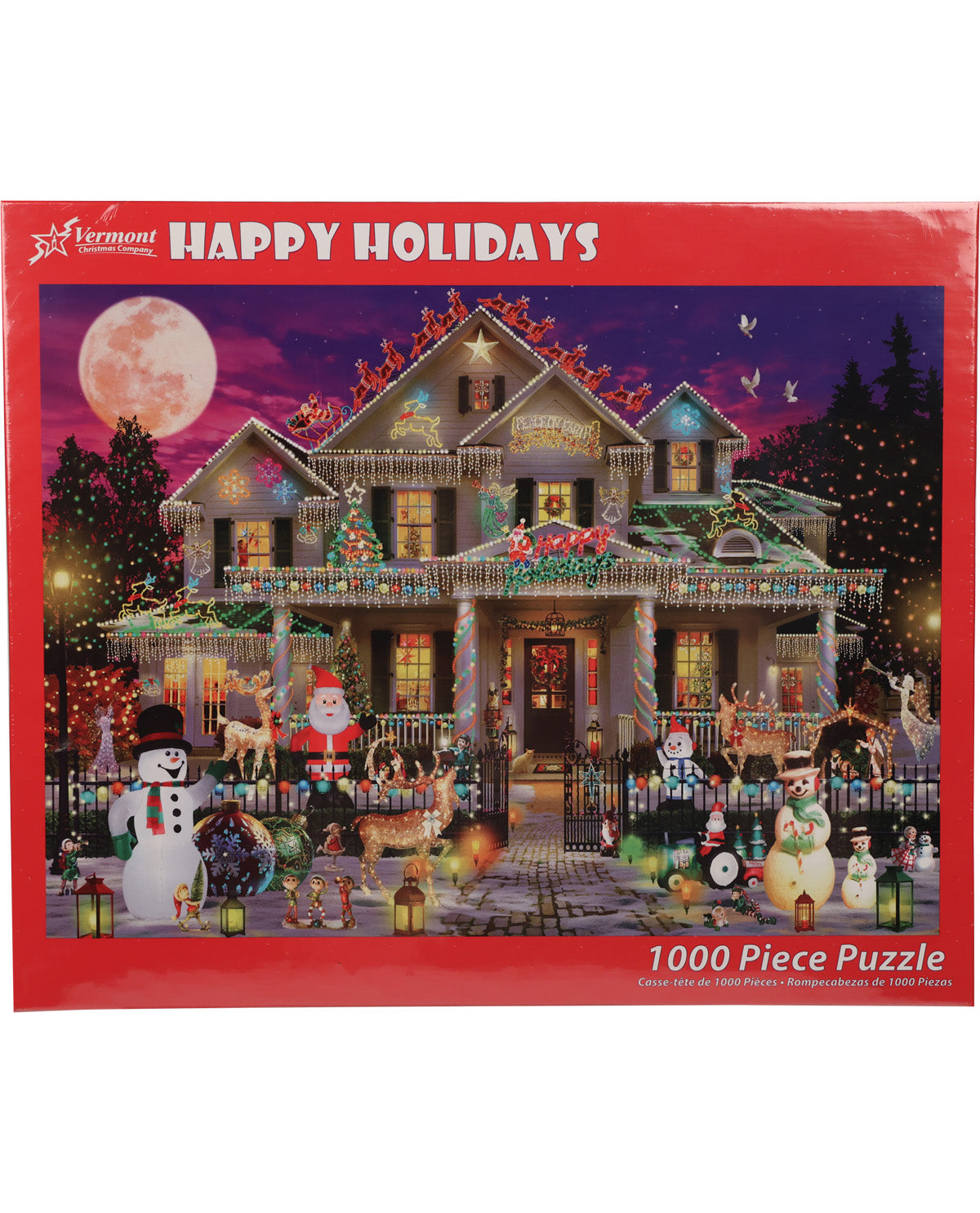 Tlermont 1000-piece jigsaw puzzle box featuring a festive Christmas scene with a decorated house, snowmen, Santa, and a full moon under a purple sky.