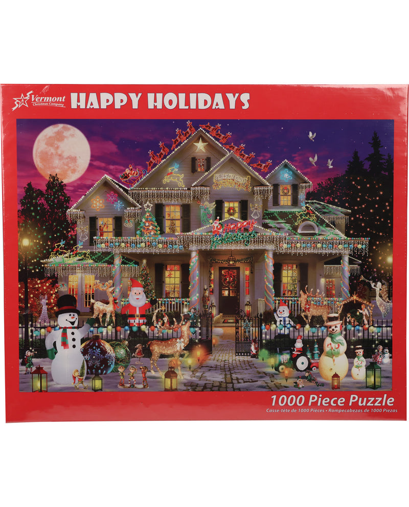 Tlermont 1000-piece jigsaw puzzle box featuring a festive Christmas scene with a decorated house, snowmen, Santa, and a full moon under a purple sky.