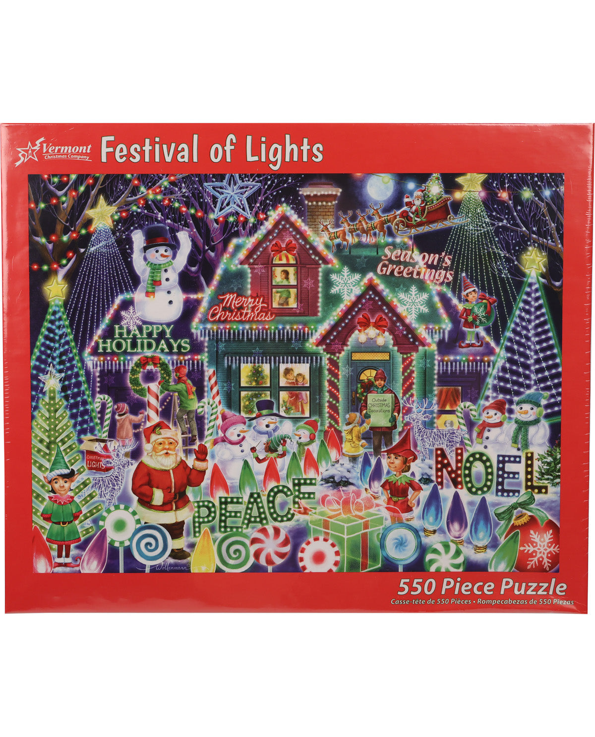 A 550-piece jigsaw puzzle box featuring a colorful Christmas village scene with a decorated house, snowman, Santa Claus, trees, lights, and festive signs under the title 'Festival of Lights'.