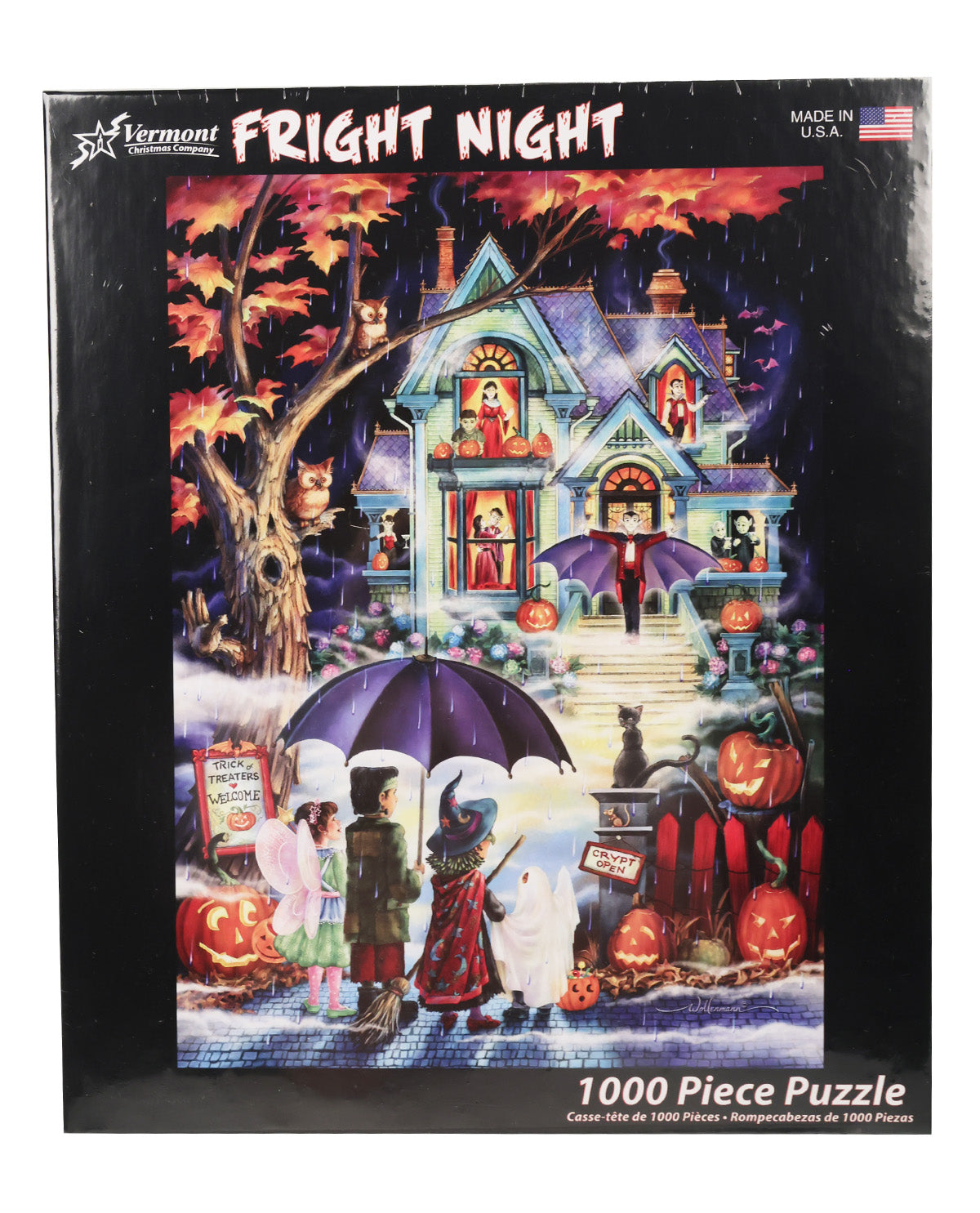 Fermont 1000-piece jigsaw puzzle titled 'Fright Night' in its black retail box, featuring a colorful illustration of a haunted house, pumpkins, a witch, and children holding umbrellas under a dark night sky.
