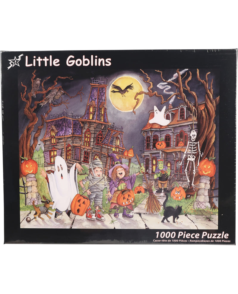 Halloween-themed puzzle packaging with 'Little Goblins' branding