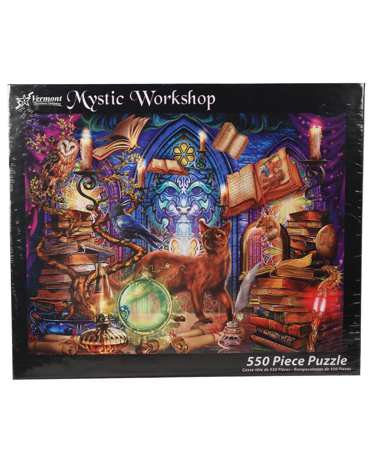 Vermont Mystic Workshop 550-piece jigsaw puzzle box featuring a magical library scene with a cat, books, candles, and a glowing blue portal.