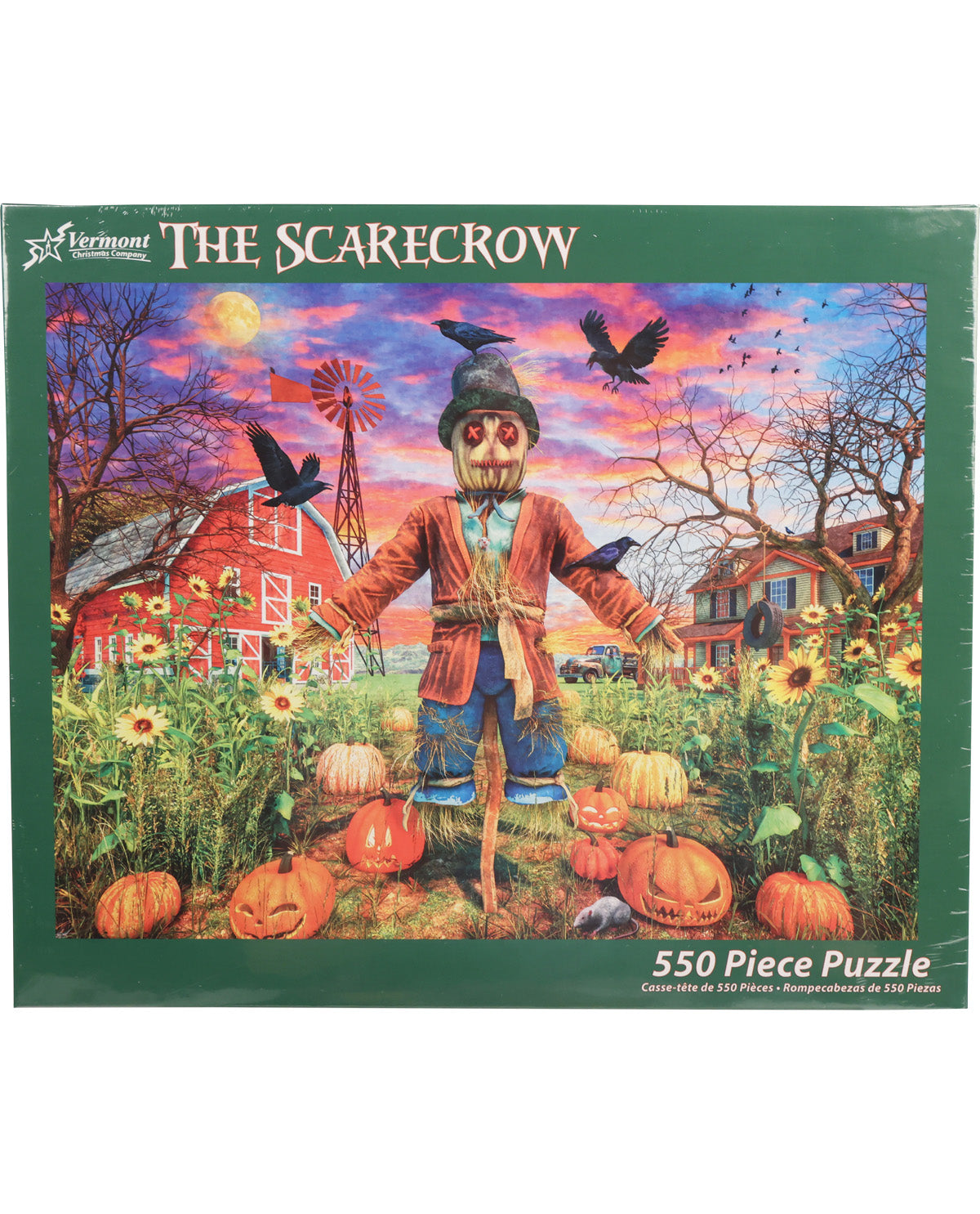 Jigsaw puzzle packaging featuring a scarecrow in a field with pumpkins and a barn.