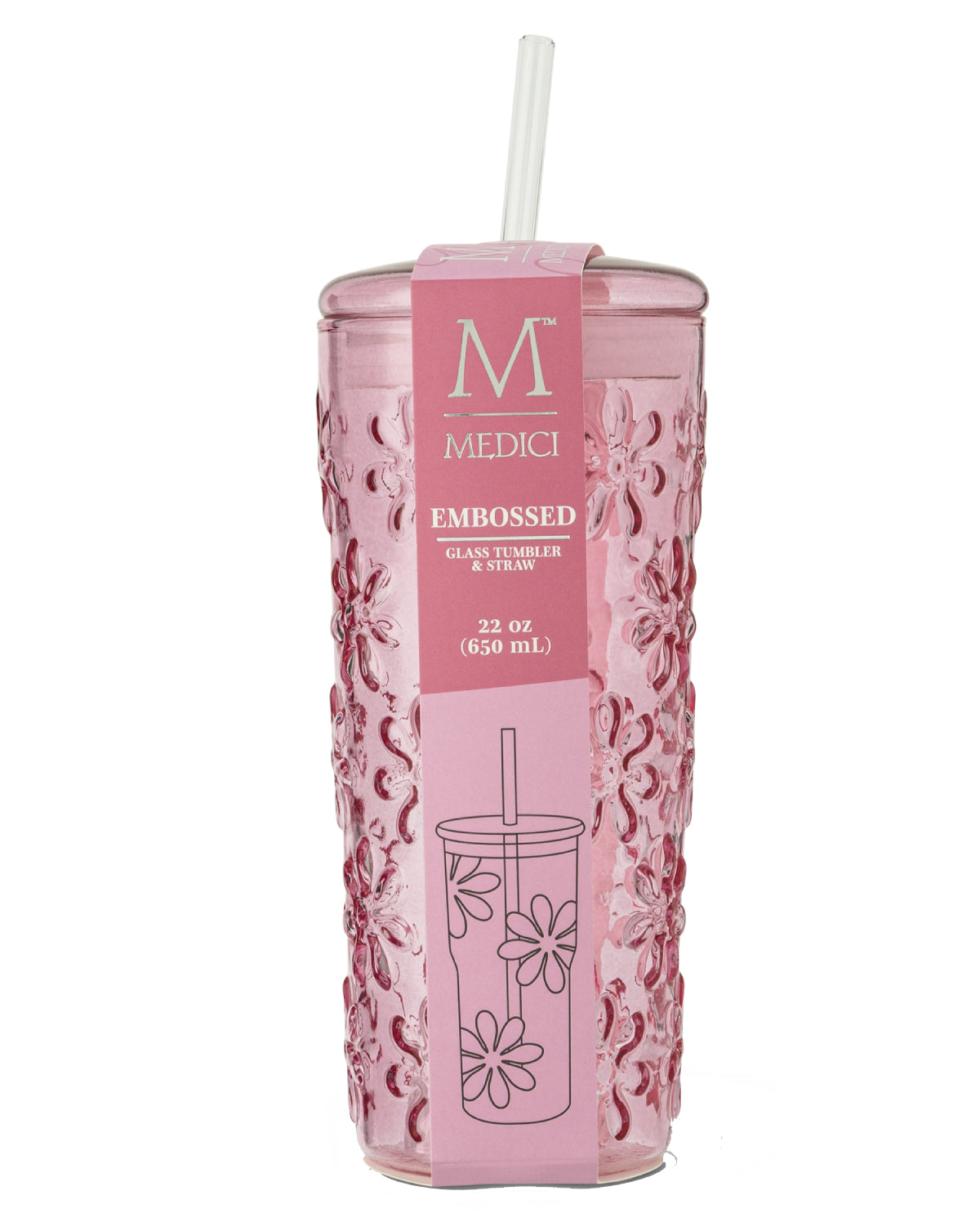22oz Glass Tumbler - Floral Pink