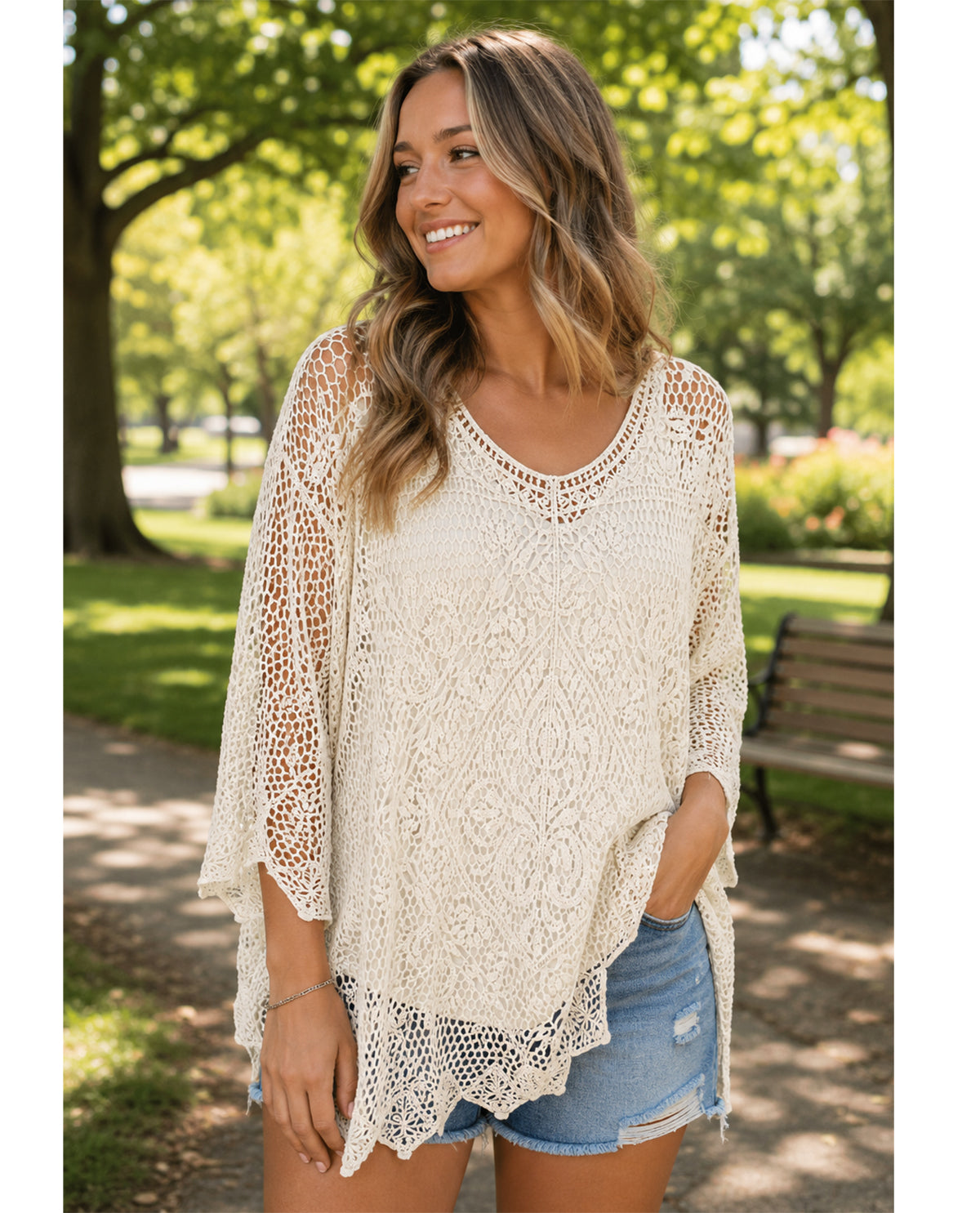 Ruby Road Petite Boho Chic Medallion Lace Sweater Ivory