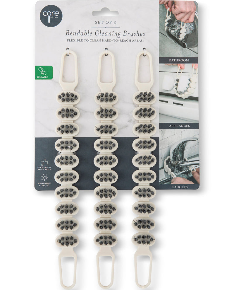 A set of three Core brand bendable cleaning brushes in their retail packaging, featuring off-white plastic handles and dark gray bristles, with product usage images on the header card.