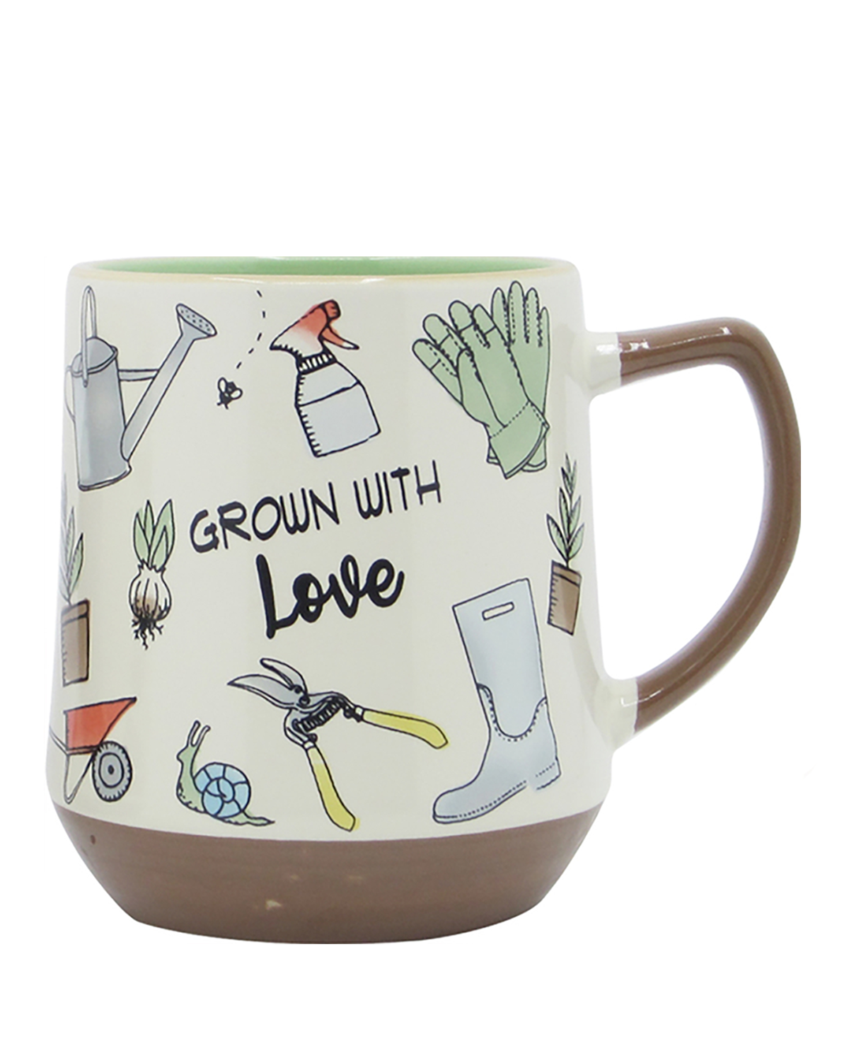 Mug with gardening-themed illustrations and 'Grown with Love' text on a white background