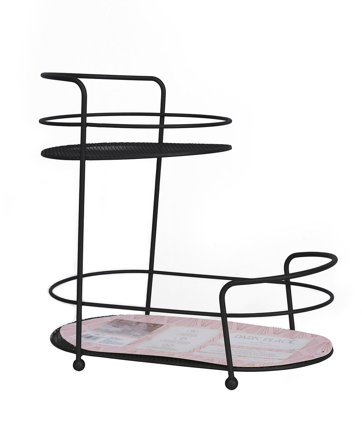 A black metal two-tier serving cart with a pink patterned base, shown against a plain white background.
