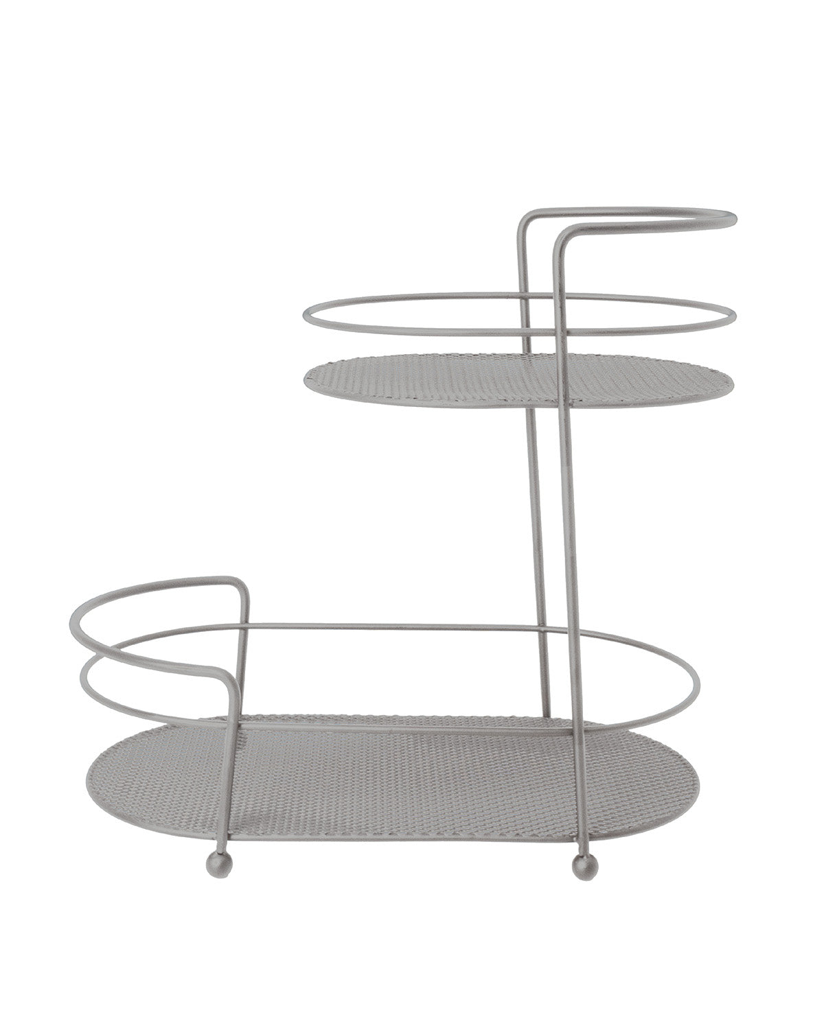 A two-tier metal serving cart with a silver finish, featuring oval mesh shelves and curved wire side rails, shown against a plain white background.