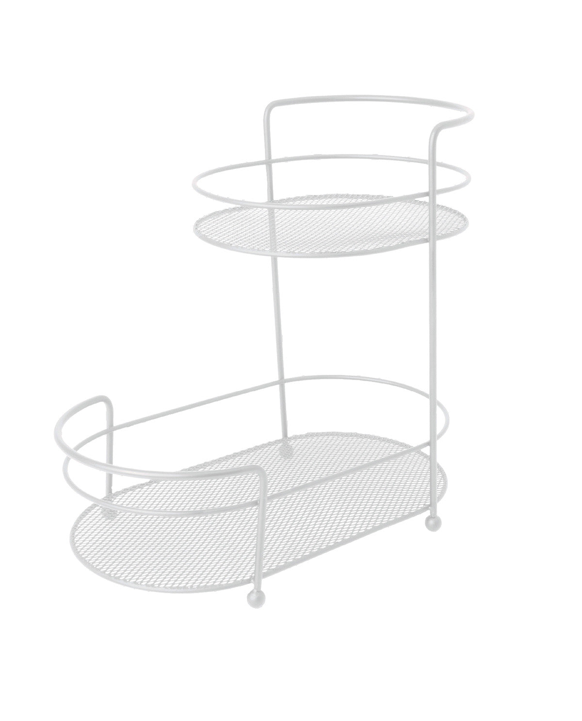 A white metal two-tier rolling storage cart with a mesh design, shown on a plain white background.