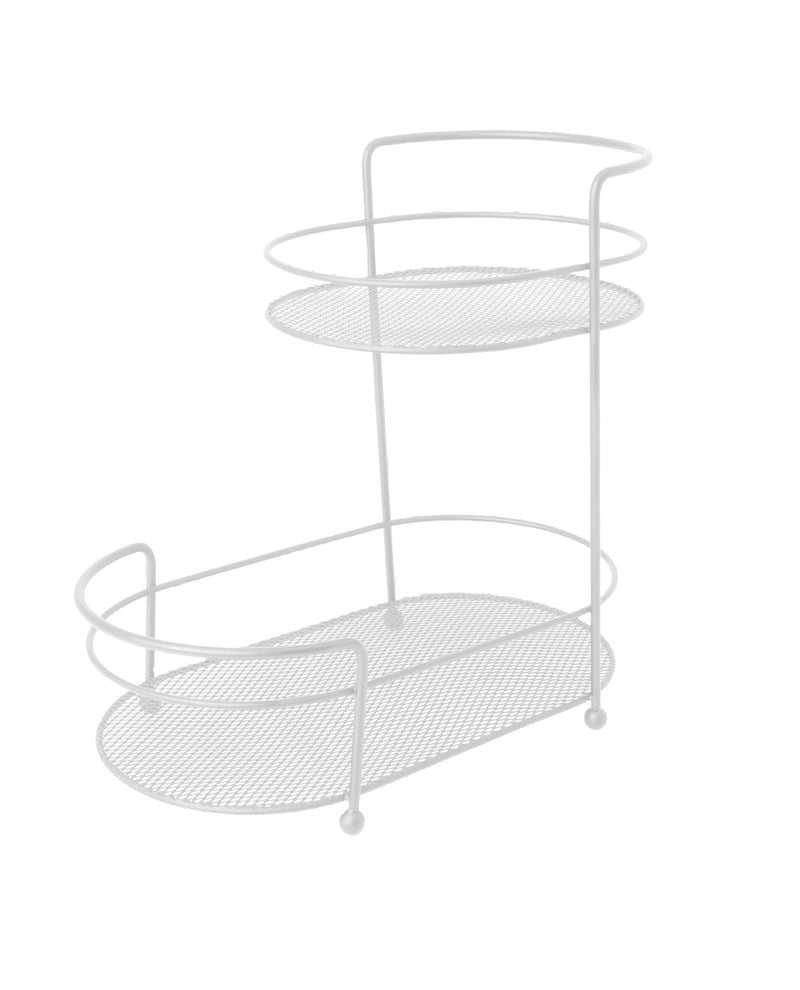A white metal two-tier rolling storage cart with a mesh design, shown on a plain white background.