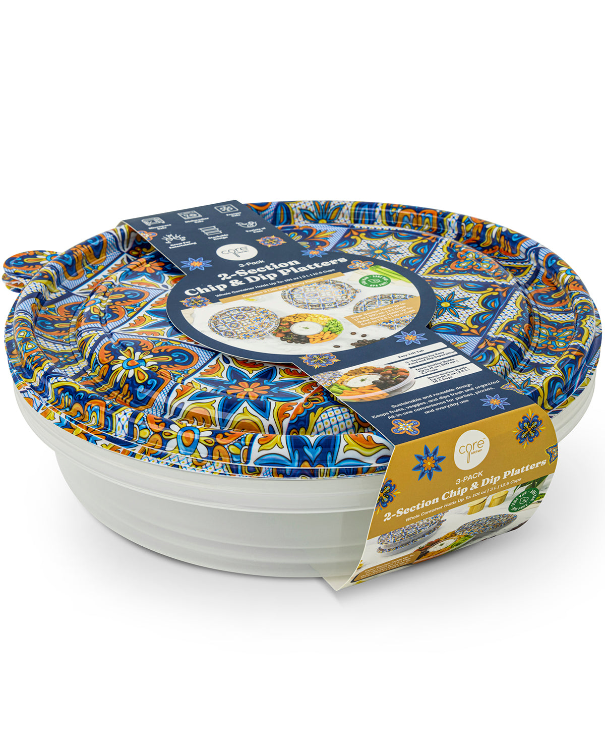 3pk RD Chip,Dip Plastic Platter Mediterranean Tile