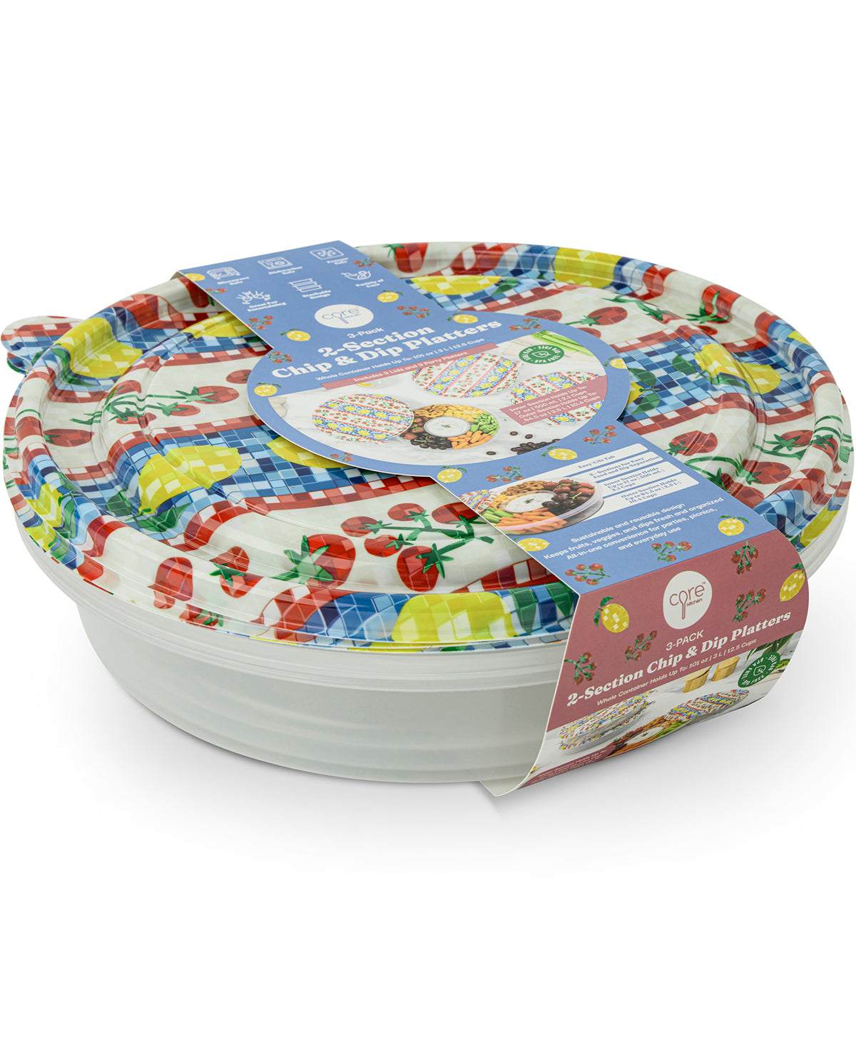 3pk RD Chip,Dip Plastic Platter Veggie