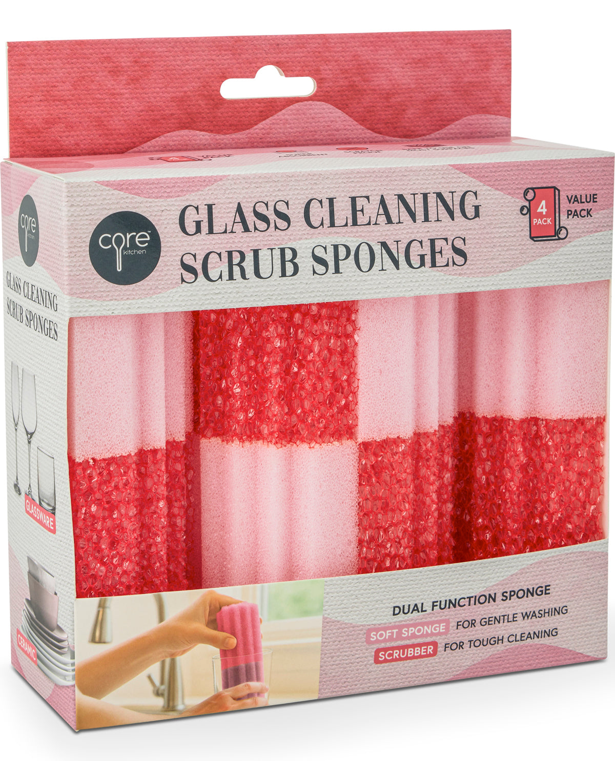 4pk Glass Cleaning Scrub Sponge Pink