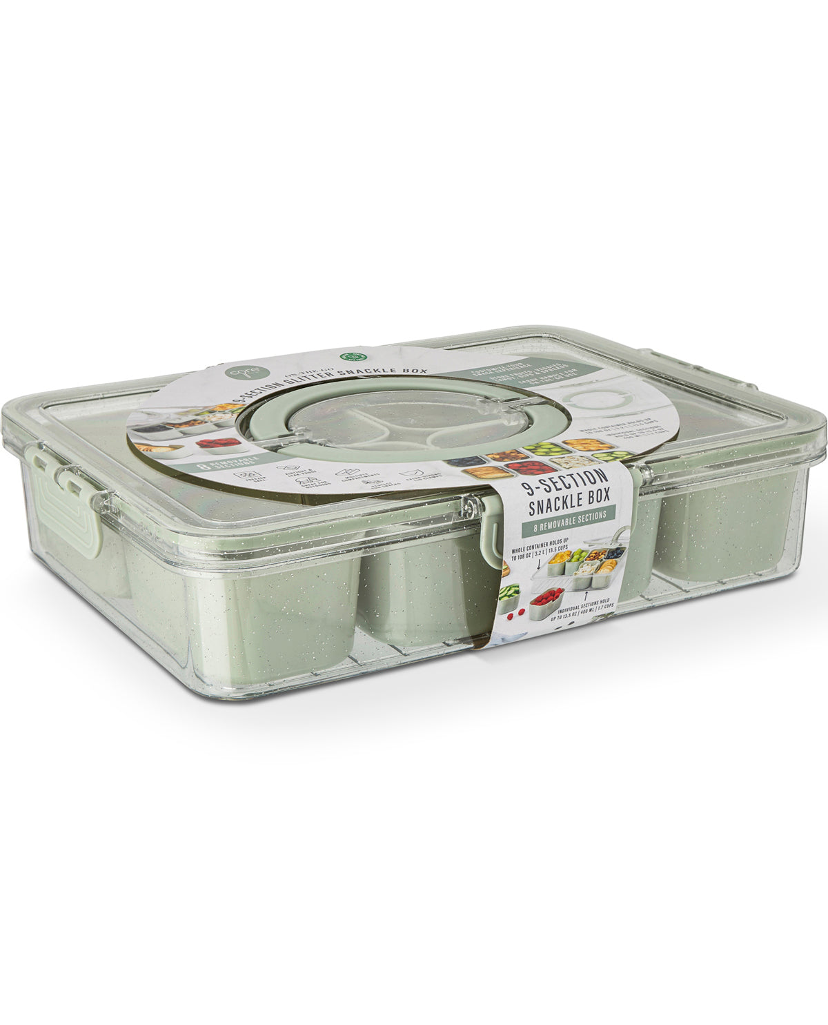9 Section Glitter Handled Snackle Box Mossy Stone
