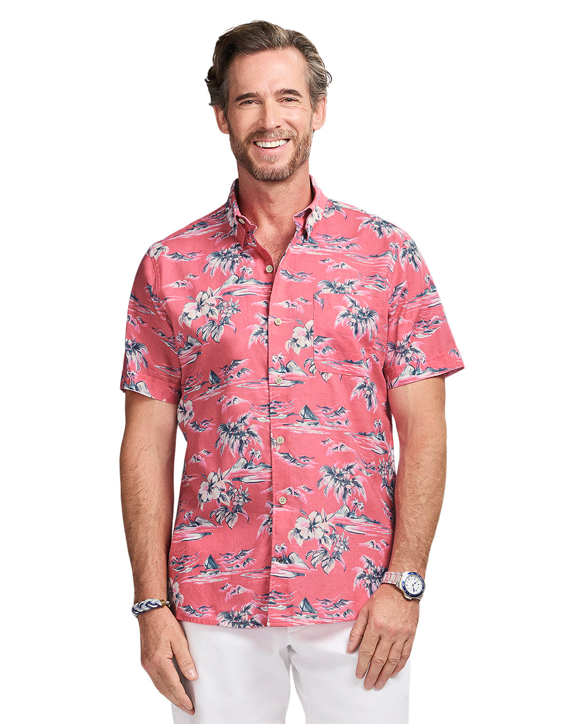 Izod Short Sleeve Dockside Chambray Print Woven