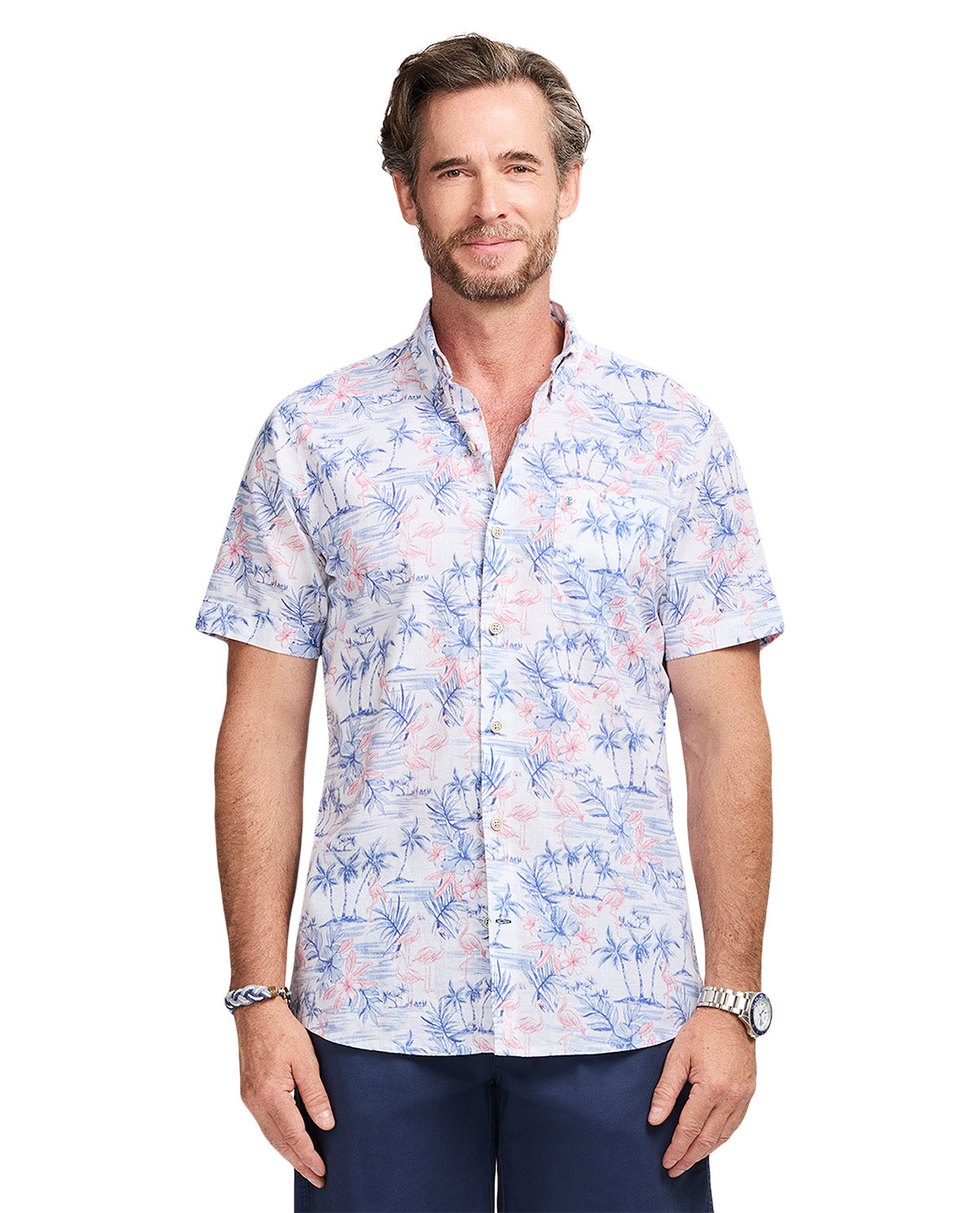 Izod Short Sleeve Dockside Chambray Print Woven
