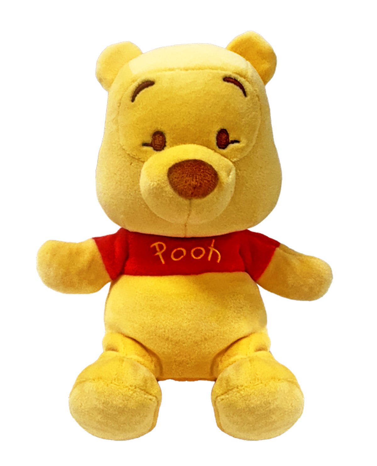 A plush toy of Winnie the Pooh sitting upright, featuring yellow fabric with embroidered brown facial details and a red shirt with 'Pooh' written in yellow.