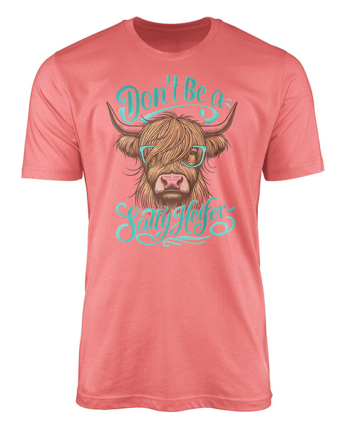 Coral t-shirt with a cow graphic and text on a white background