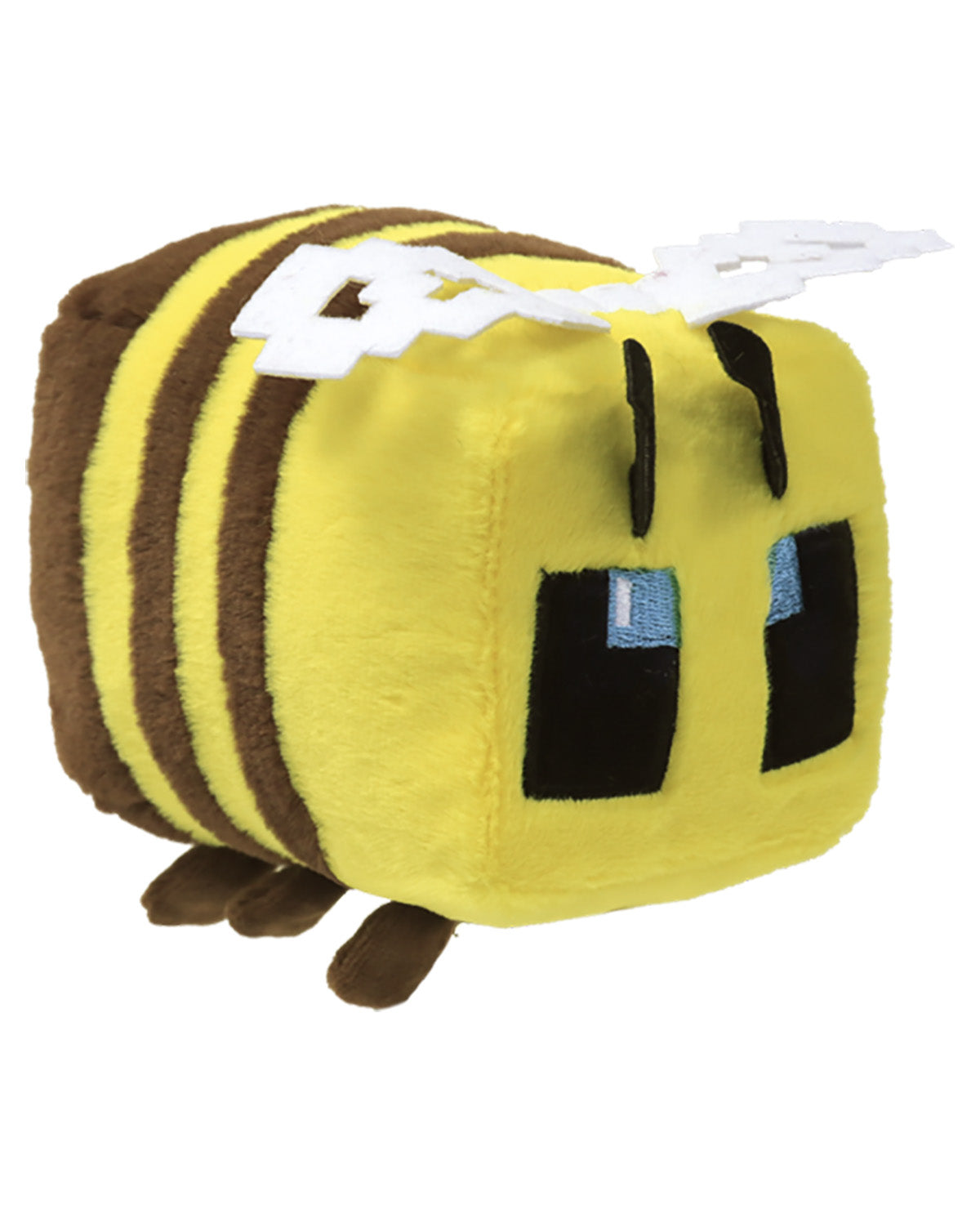 A yellow and brown plush toy designed like a blocky bee character, featuring pixelated black eyes, small blue details, and white wings, shown against a plain white background.