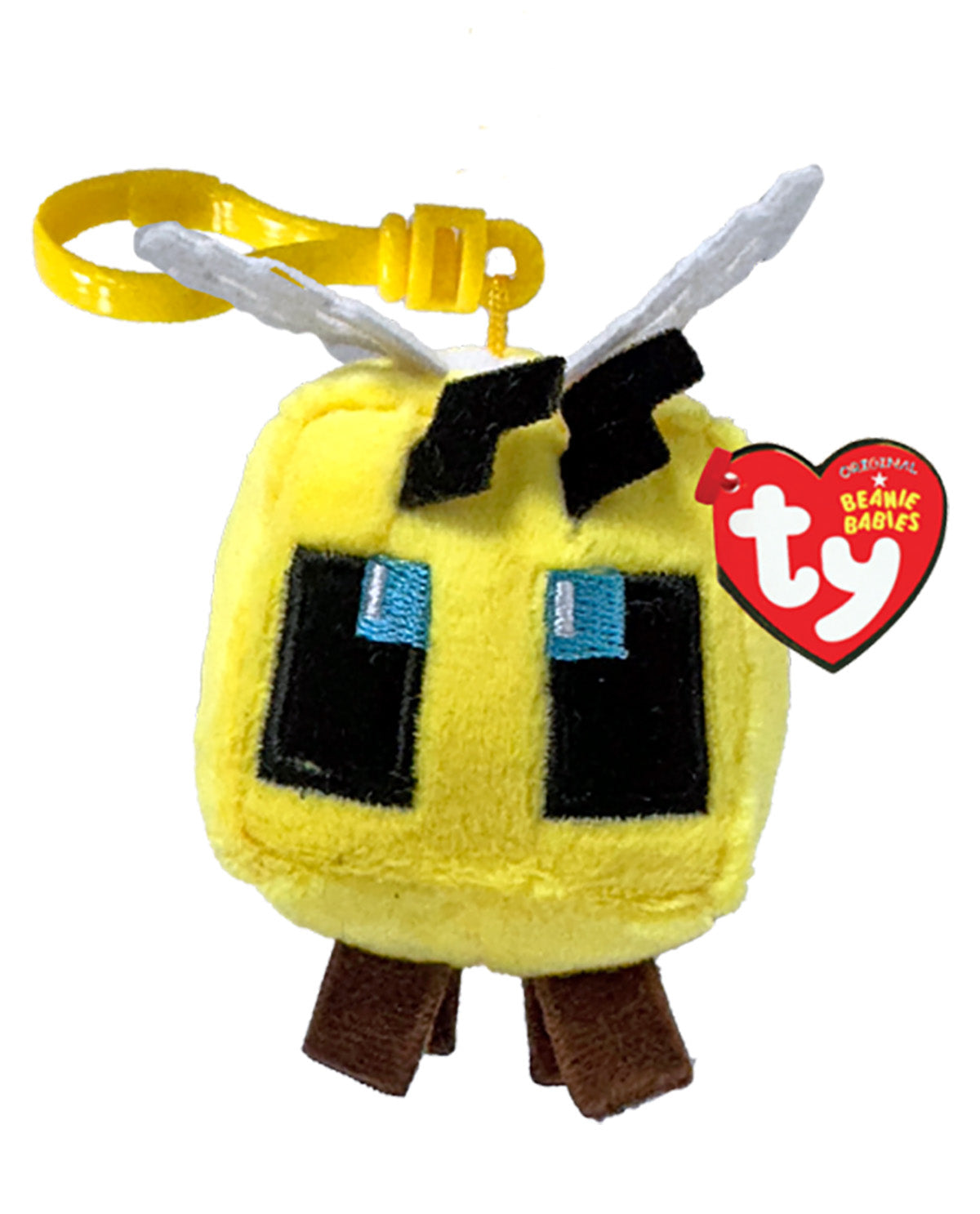 A yellow plush bee keychain from Ty Beanie Babies, featuring black embroidered eyes and mouth details, white wings, a yellow plastic clip, and a red heart-shaped Ty tag.