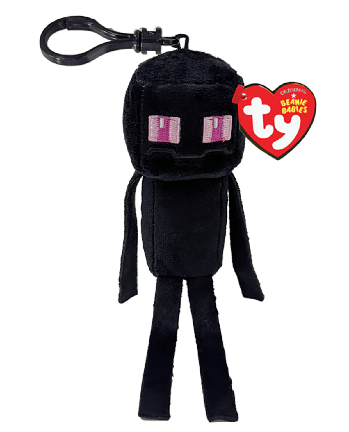 Ty Beauforts Minecraft plush keychain featuring a black Enderman character with pink eyes and a black plastic key ring, complete with a red heart-shaped Ty tag.