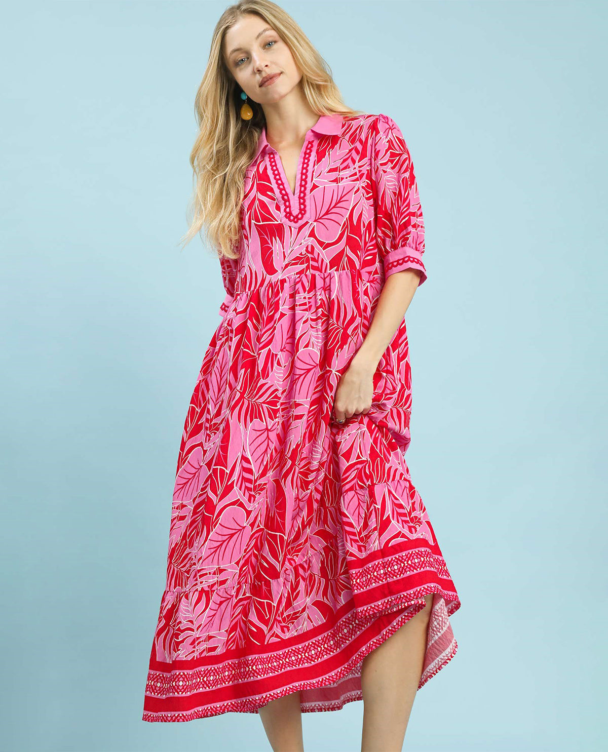 Umgee Leaf Print Tiered Dress Red