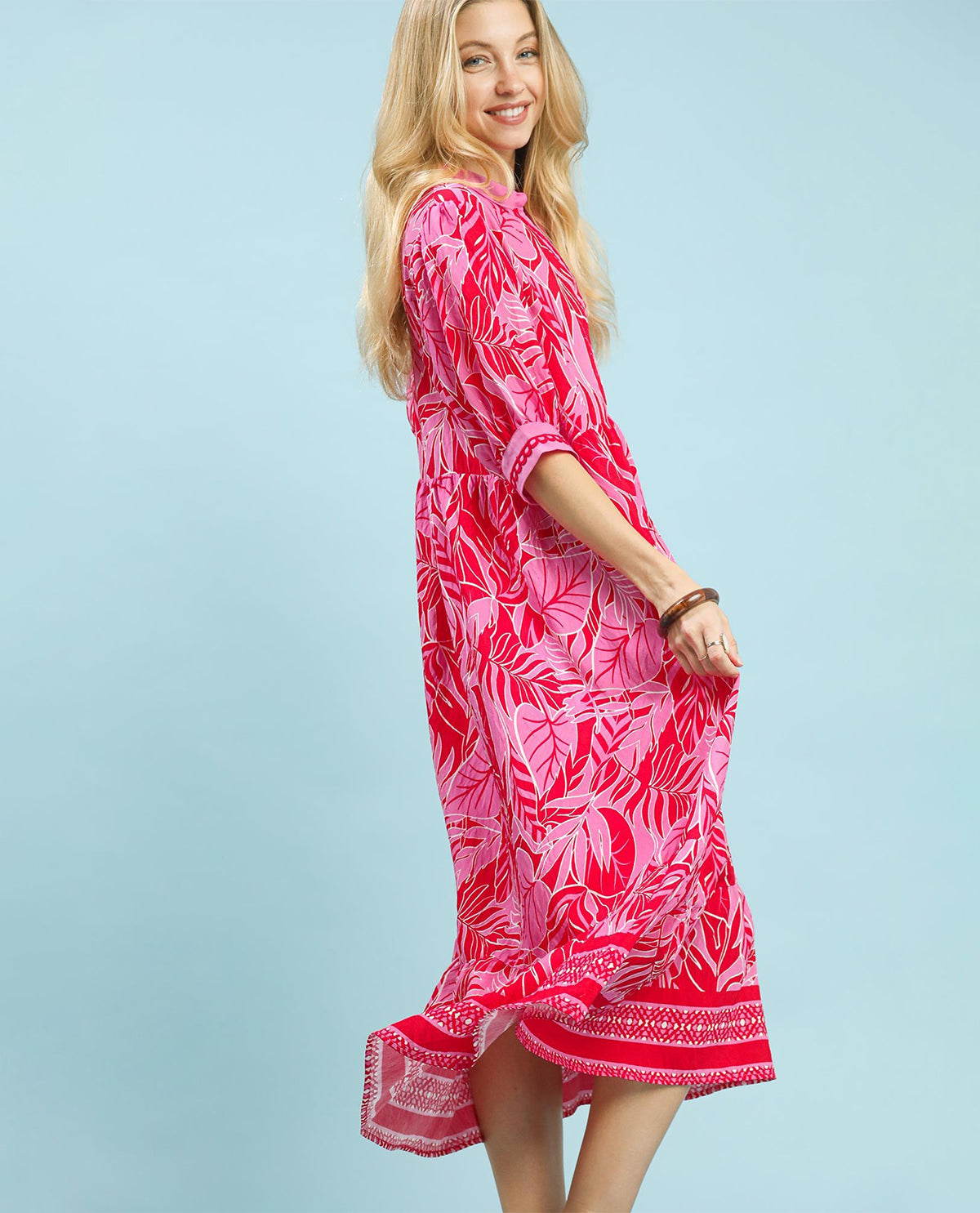 Umgee Leaf Print Tiered Dress Red