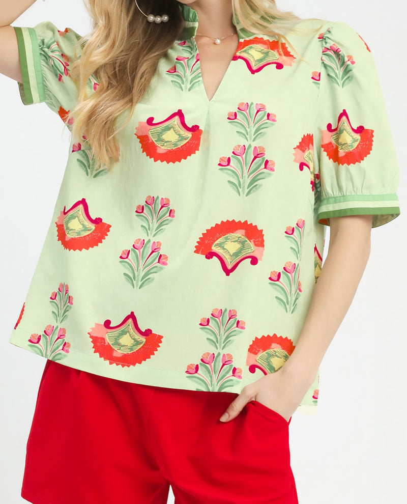 Umgee Print Puff Sleeve Top With Contrast Lt Sage