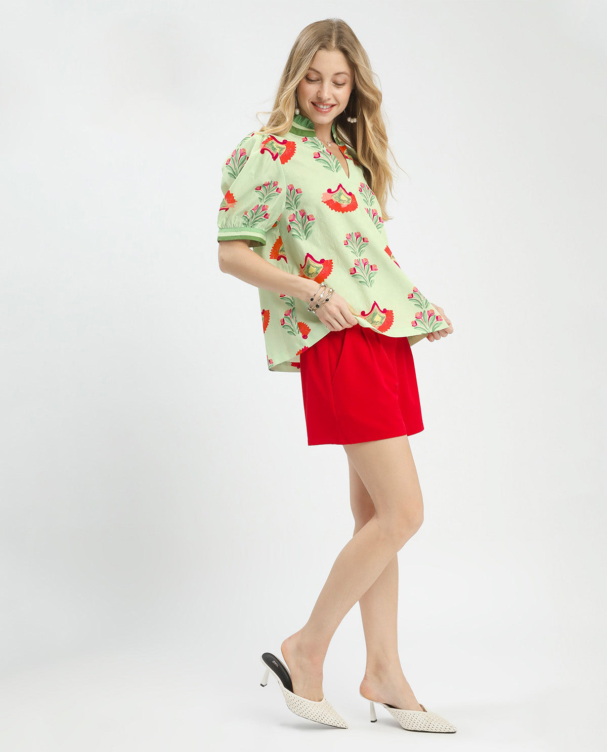 Umgee Print Puff Sleeve Top With Contrast Lt Sage
