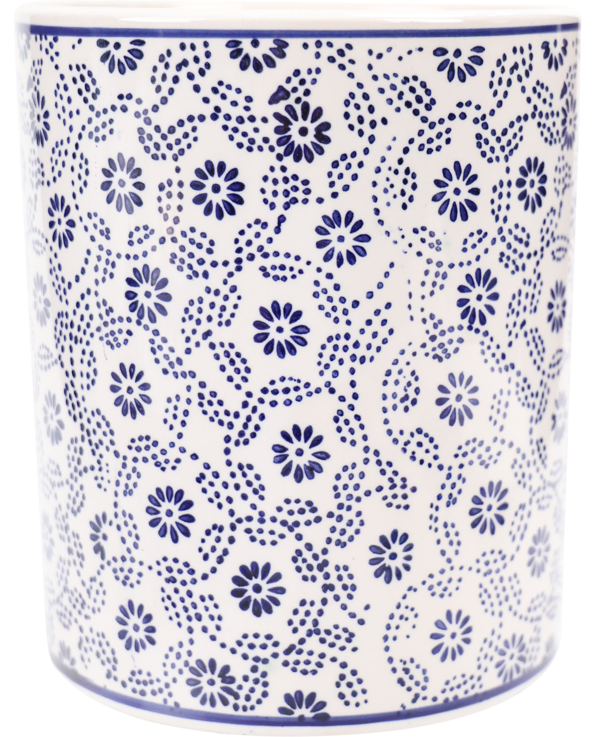 Cylindrical container with blue floral pattern on a white background