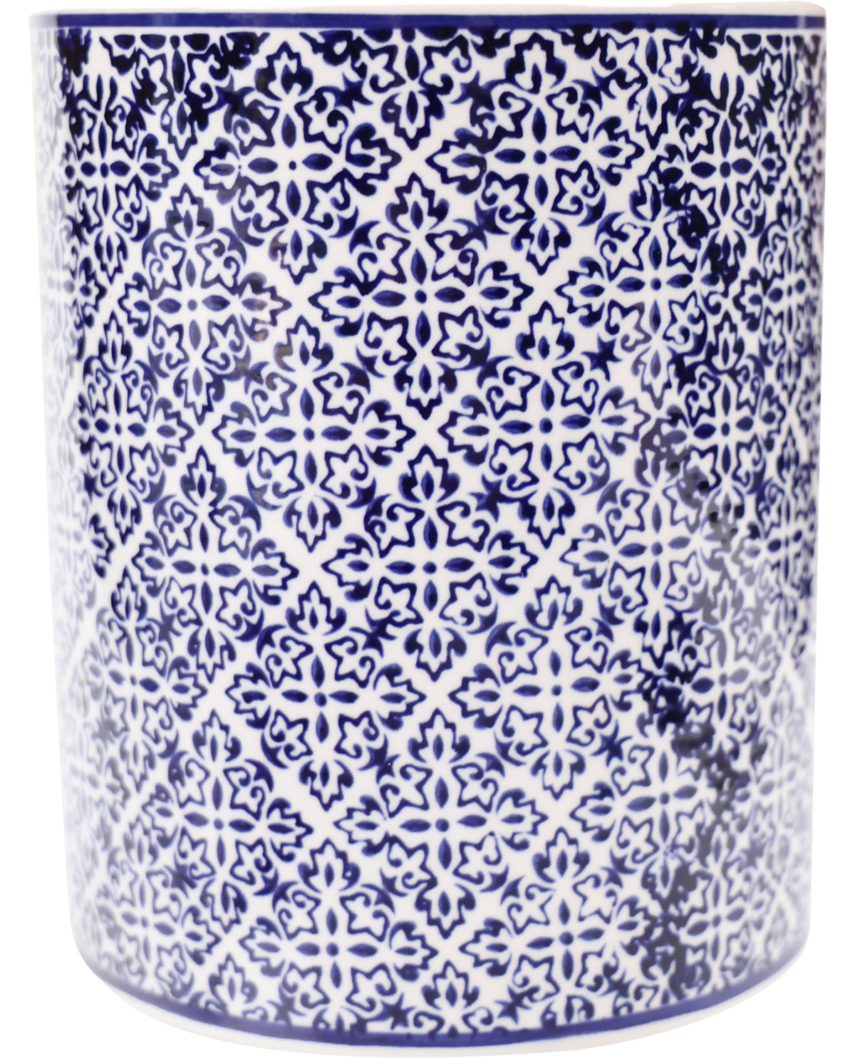 Cylindrical container with blue and white geometric pattern