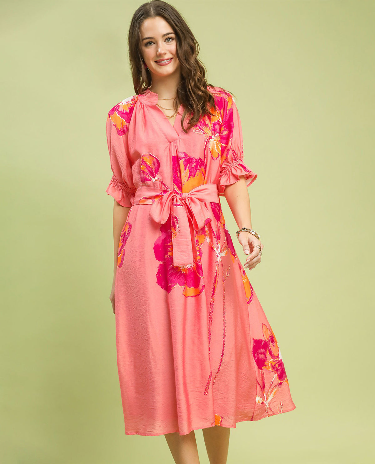 Umgee Print Tie Waist Dress Pink