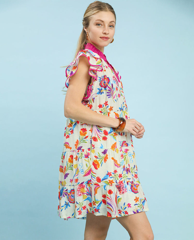 Umgee Print Ruffle Sleeve Tiered Dress Pink