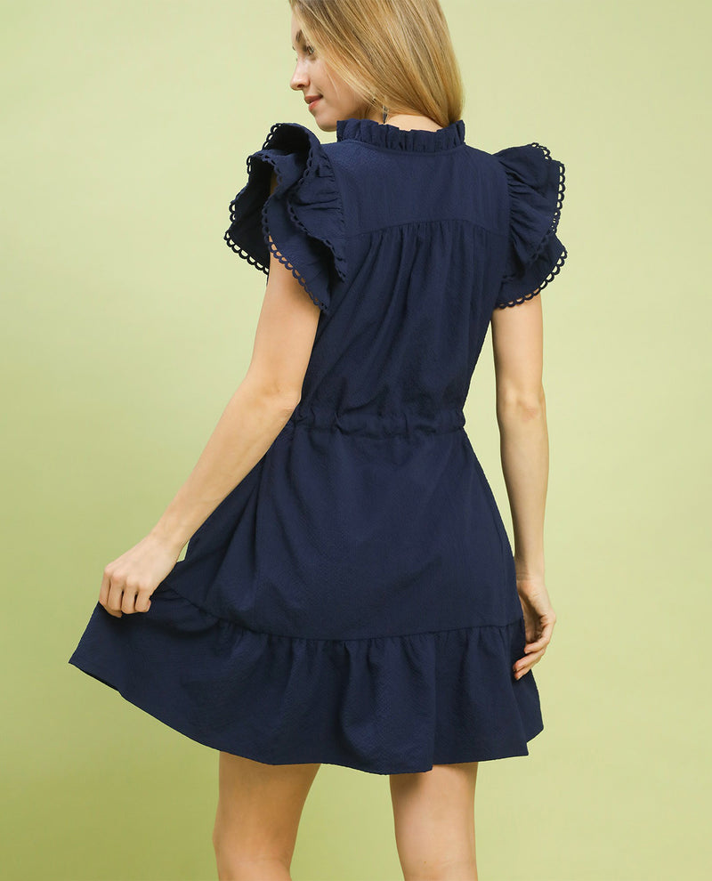 Umgee Solid Seersucker Tie Waist Dress Navy