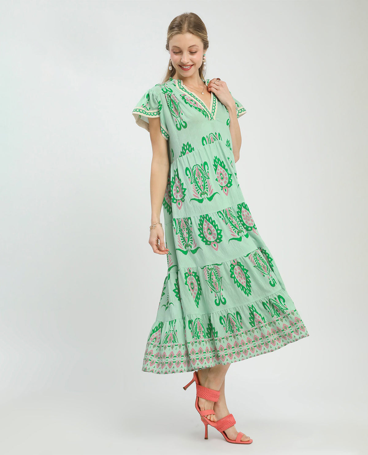 Umgee Print Tiered Dress With Flutter Sleeves Mint