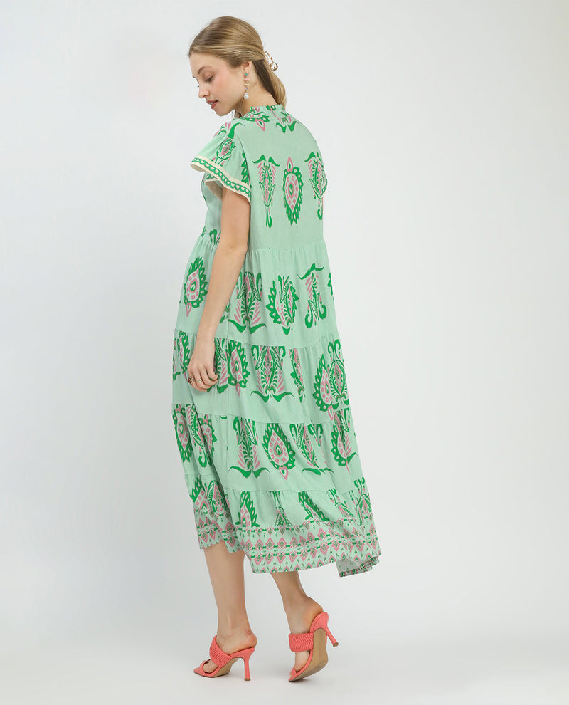 Umgee Print Tiered Dress With Flutter Sleeves Mint