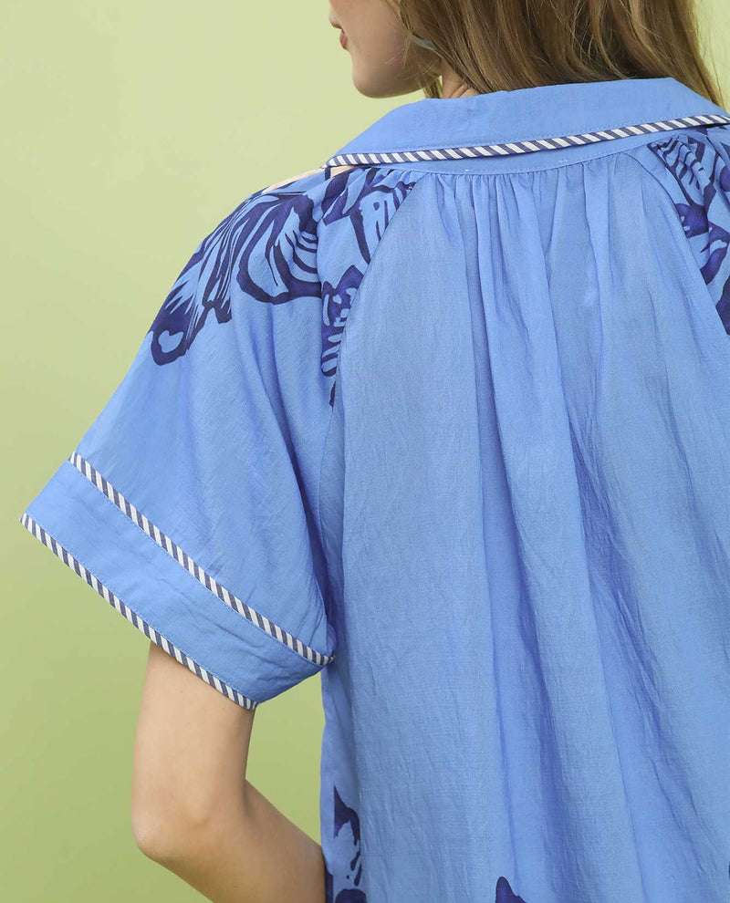 Umgee Print Split Neck Top Blue