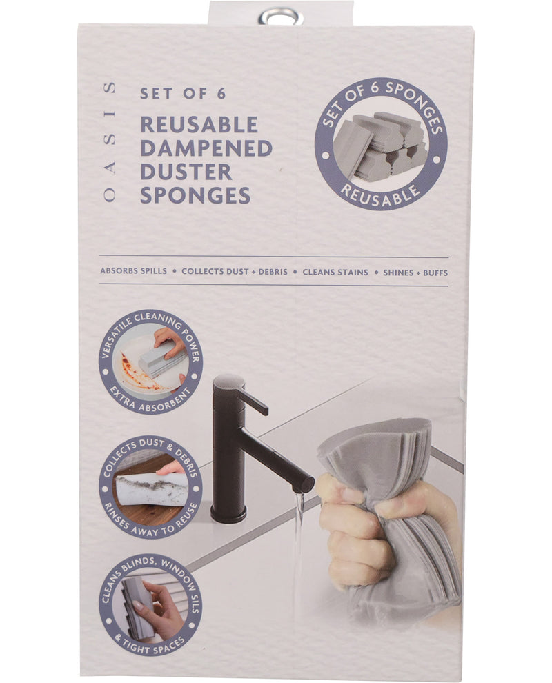 Oasis Set of 6 Reusable Dampened Duster Sponges in its original retail packaging, featuring a white box with grey and blue text and graphics.