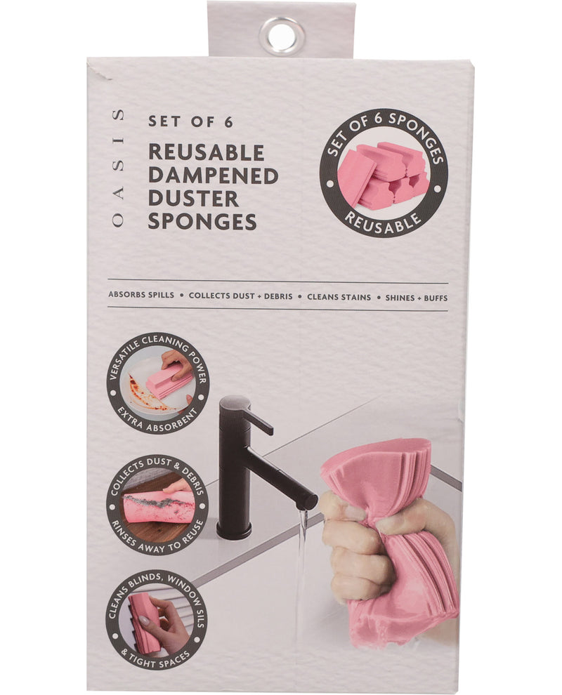 Oasis brand set of 6 reusable dampened duster sponges in their retail packaging, featuring pink microfiber sponges with product benefits and usage illustrations.