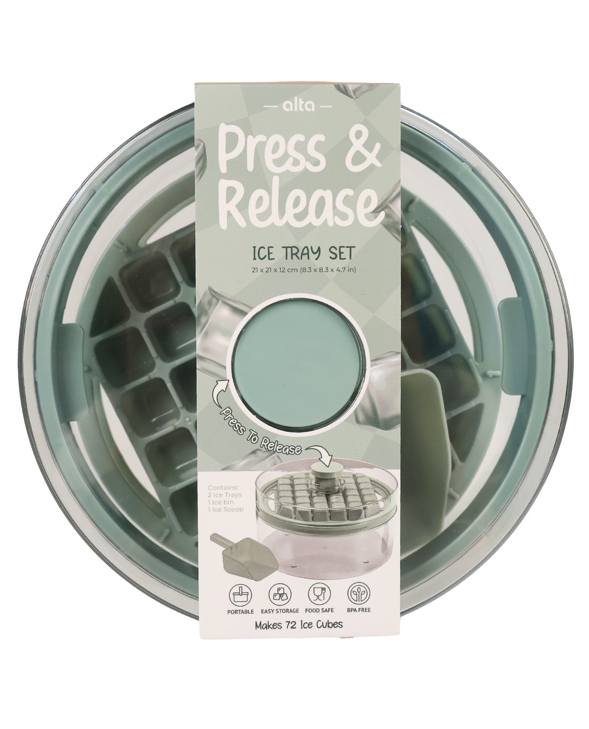 A mint green and clear silicone Press & Release ice tray set by Olla, shown with its retail packaging card in the center against a white background.