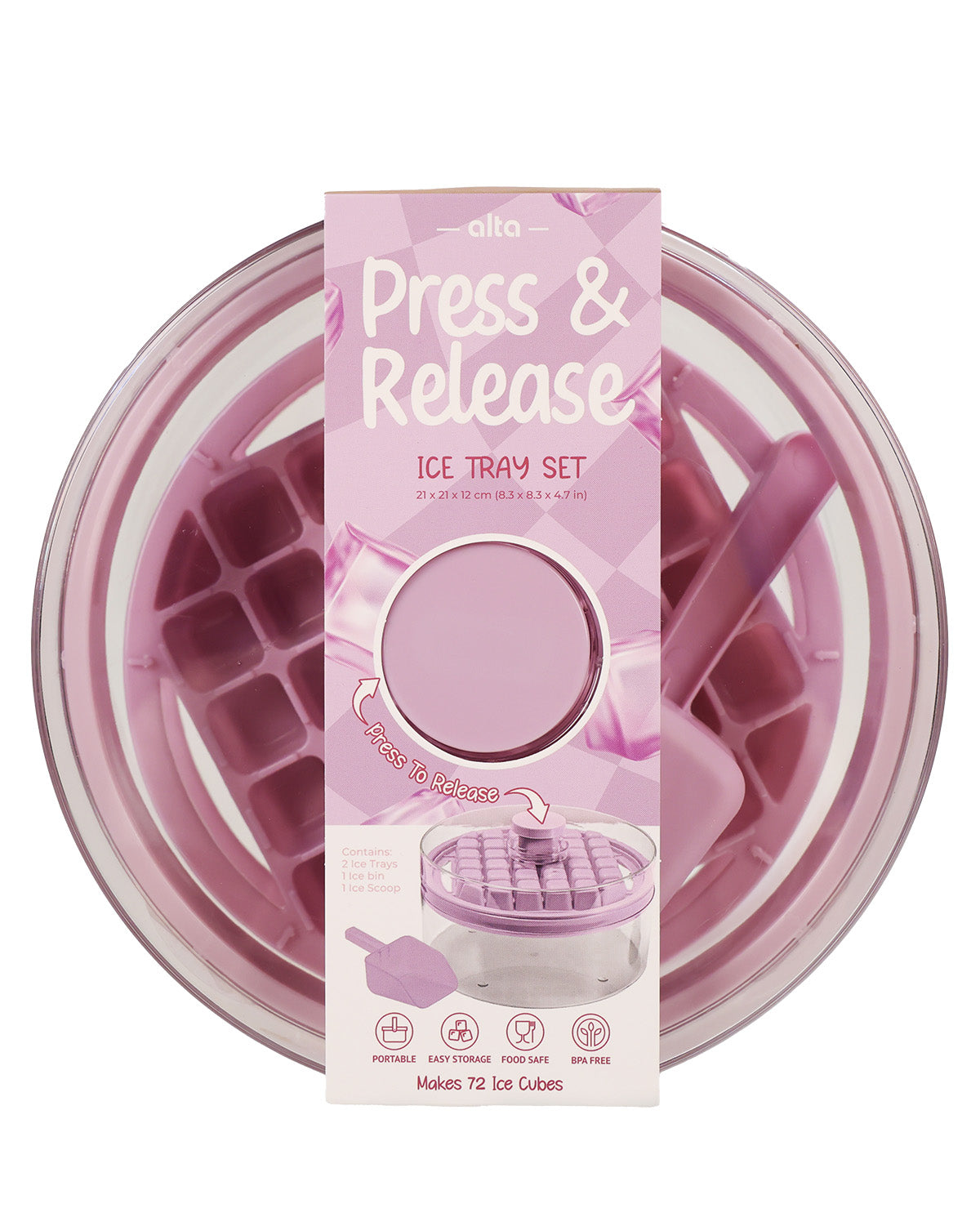 A pink and purple Alta Press & Release Ice Tray Set, featuring a round plastic mold, a small spatula, and a central paper label card, photographed on a solid white background.
